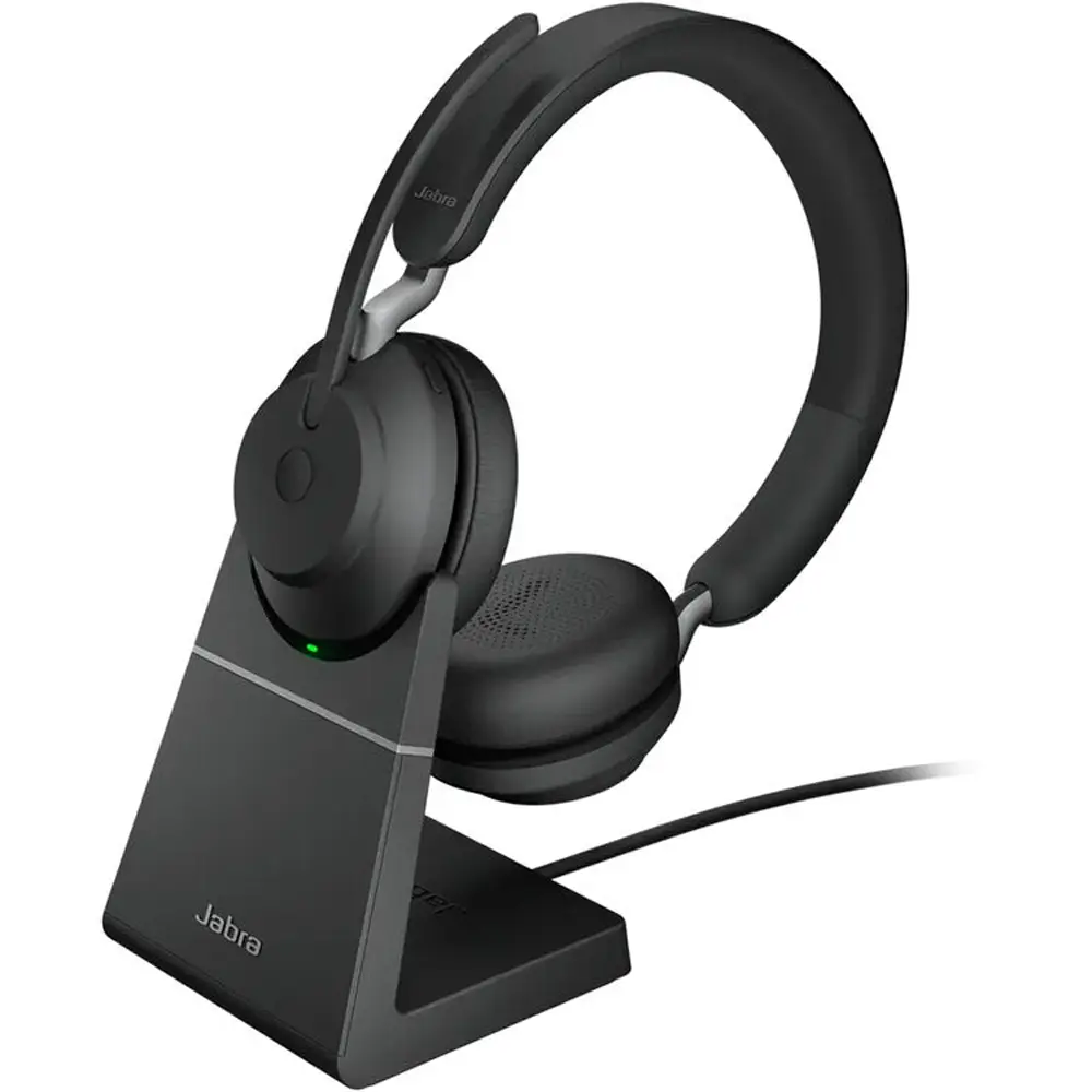 Jabra Evolve2 65 Bluetooth On-Ear Headphone - Stereo Audio, Noise-Canceling, UC Certified, USB Type-A, with Stand, Black
