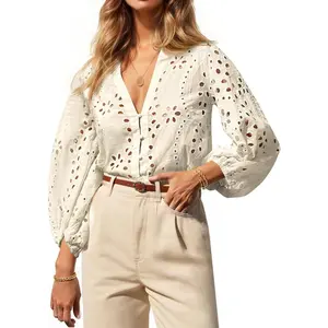 Imily Bela Essentials Womens Deep V Neck Eyelet Blouses 3/4 Balloon Sleeve Button Down Hollow Out Fall Shirts