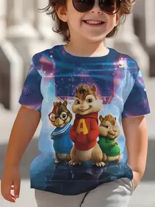 Summer hit Alvin and the Chipmunks cool stage pattern digital printed T-shirt, 100% polyester, fashionable and trendy casual children's clothing, suitable for school, play, and parties, the perfect gift for boys