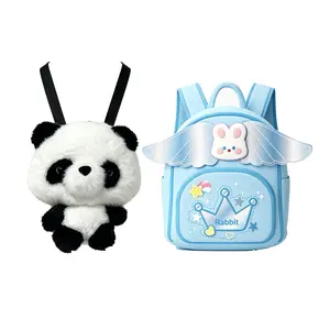 2Pcs Kids Soft Plush Panda Backpack, Adorable Stuffed Animal Bookbag, Kawaii Bunny & Angel Wings Daypack, Mini Backpack for Travel, School & Everyday Use