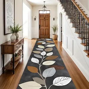 Bohemian Style Hallway Rug, Boho Runner Rug, Leaf Vines Pattern, Flannel Carpet, Non-Slip Design, Indoor Use