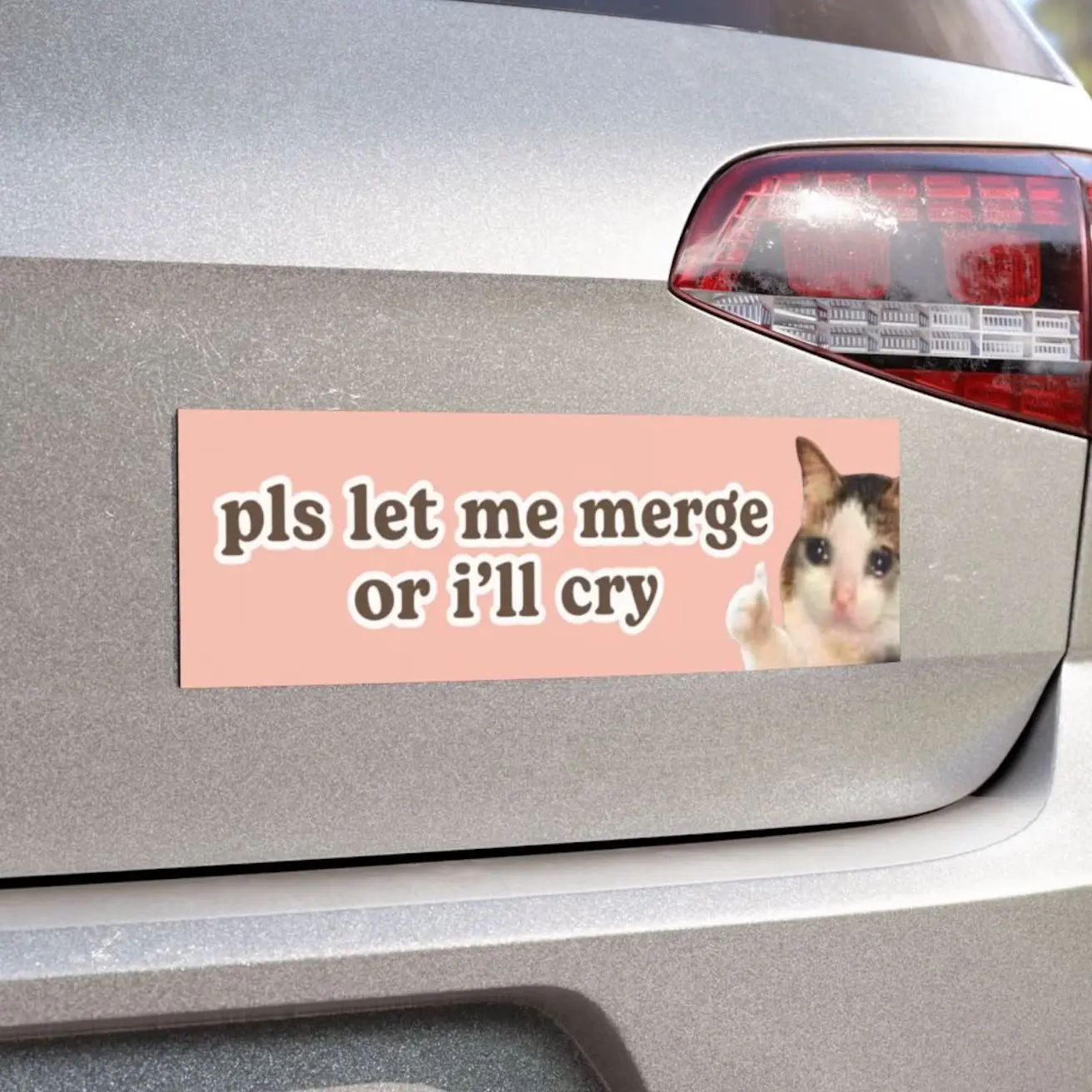 Please Let Me Merge or I'll Cry, Crying Cat Meme Car Bumper Magnet, Funny Cute Pls Car, Waterproof Vinyl Car Decal