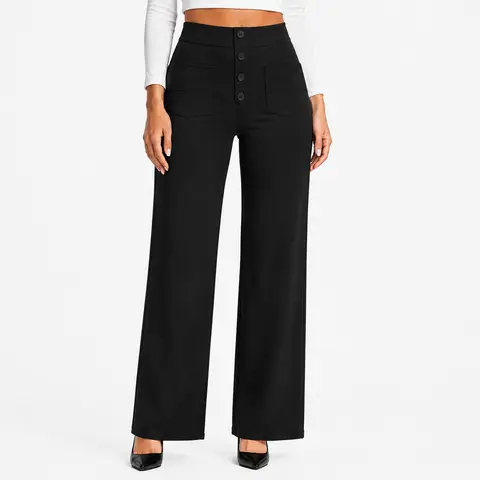 Avamo Women's High Waisted Stretchy Straight Leg Pants - Minimalist Style, Comfortable Work Pants with 4 Pockets, 4-Button Front for Office Wear
