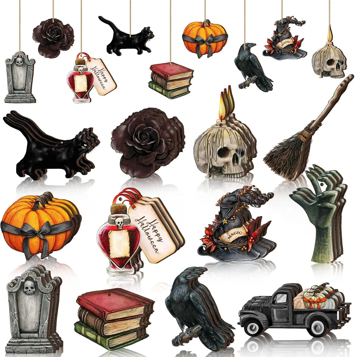 36 Pcs Gothic Halloween Tree Ornaments Wood Hanging Cutouts Skull Pumpkin Crow Witch Hat Cutouts, Wood Hanging Ornaments with Ropes, Black Witchy Decor for Small Tree Indoor Party