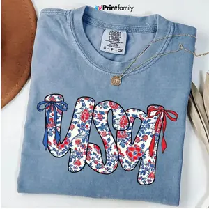 [Saleup to 75%]Comfort Colors Floral Coquette USA Shirt, Retro America T-Shirt, 4th Of July Gift, Patriotic Tee, Coquette Bow Shirt Floral Coquette USA Retro America Png, 4th Of July - Printfamily