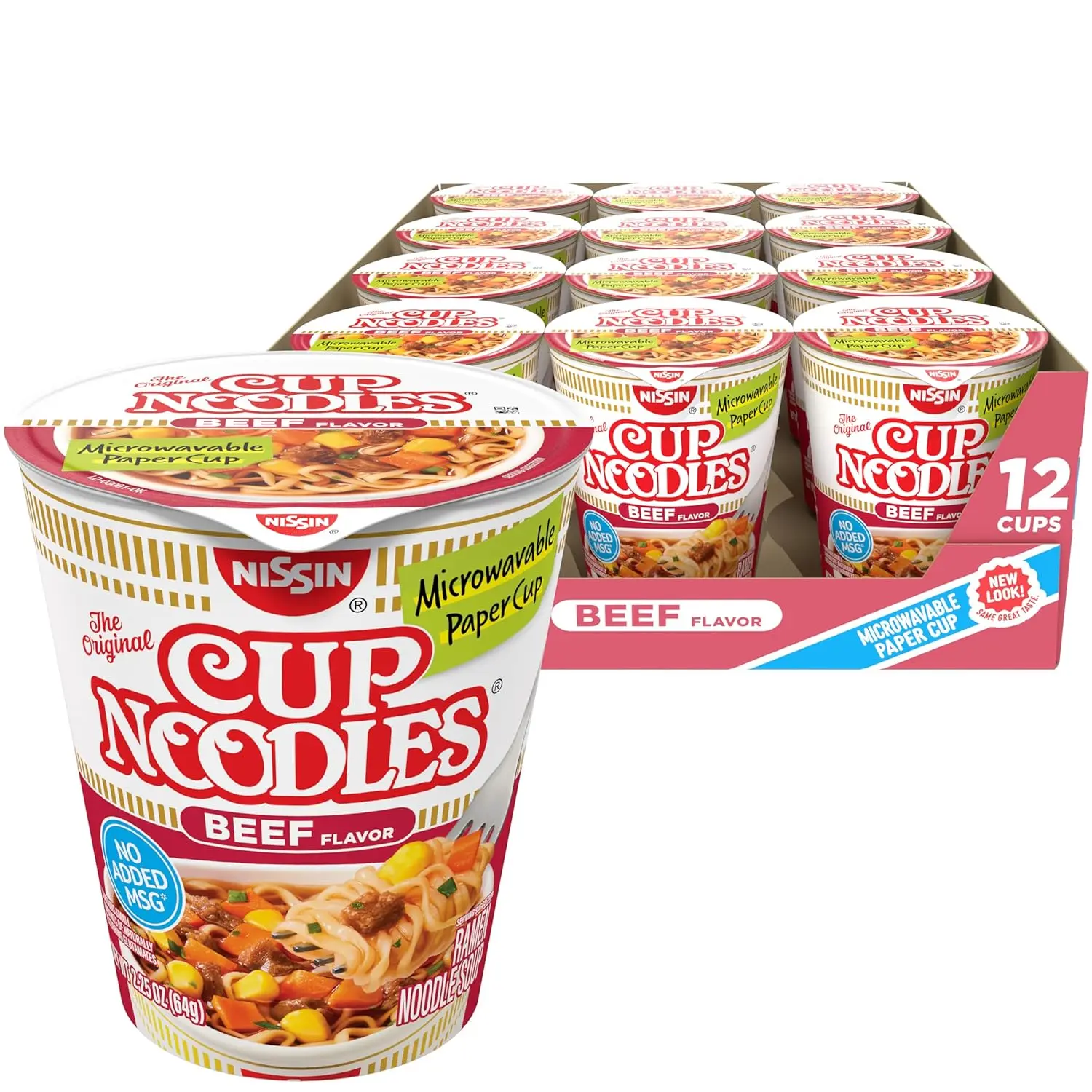 Nissin Cup Noodles Soup, Beef Flavor, Microwaveable Paper Cups, Instant Ramen, 2.25 Ounce (Pack of 12) | Instant Ramen Noodle Soup, Microwaveable Paper Cups