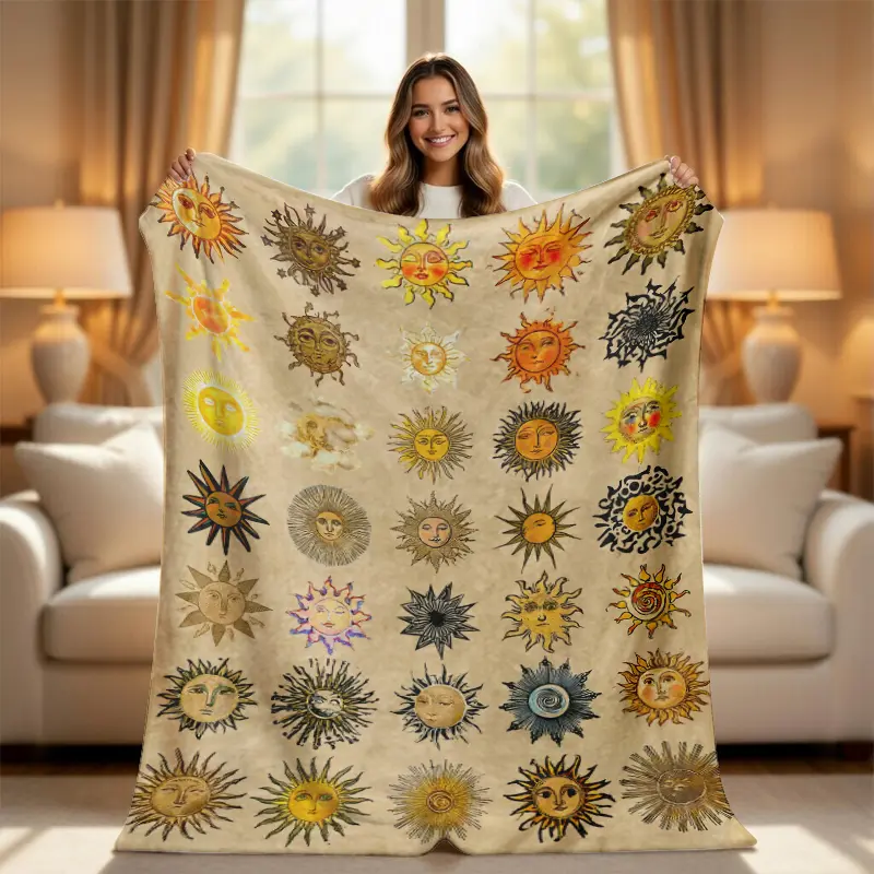 Aesthetic Celestial Sun Collage Throw Blanket - Vintage Tarot Style Retro Sun Print, Super Soft Plush Fleece Boho Blankets for Couch & Bed, Bohemian Style Room Decor Gift, Bohemian Style Blankets