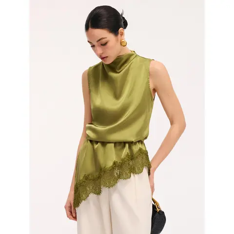 COMMENSE Women's Lace Trim Satin Sleeveless Blouse - Classy Going Out Top for Special Occasions, Elegant Night Out Shirt