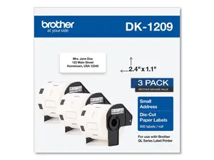 Brother DK-1209 Small Address Paper Labels 2-4/10" x 1-1/10" Black on White 800 Labels/Roll 3 Rolls/Box (DK-12093PK)