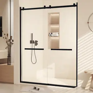Upgrade your bathroom with a 60-inch wide double sliding shower door in tempered glass. Choose from 72" or 76" heights and square-tube frames in Black, Brushed Gold with soft-close, or Brushed Nickel. Link in bio.