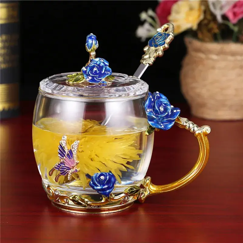 Rose Flower Embossed Glass Enamel Water Cup Cute Gift Glass Water Cup