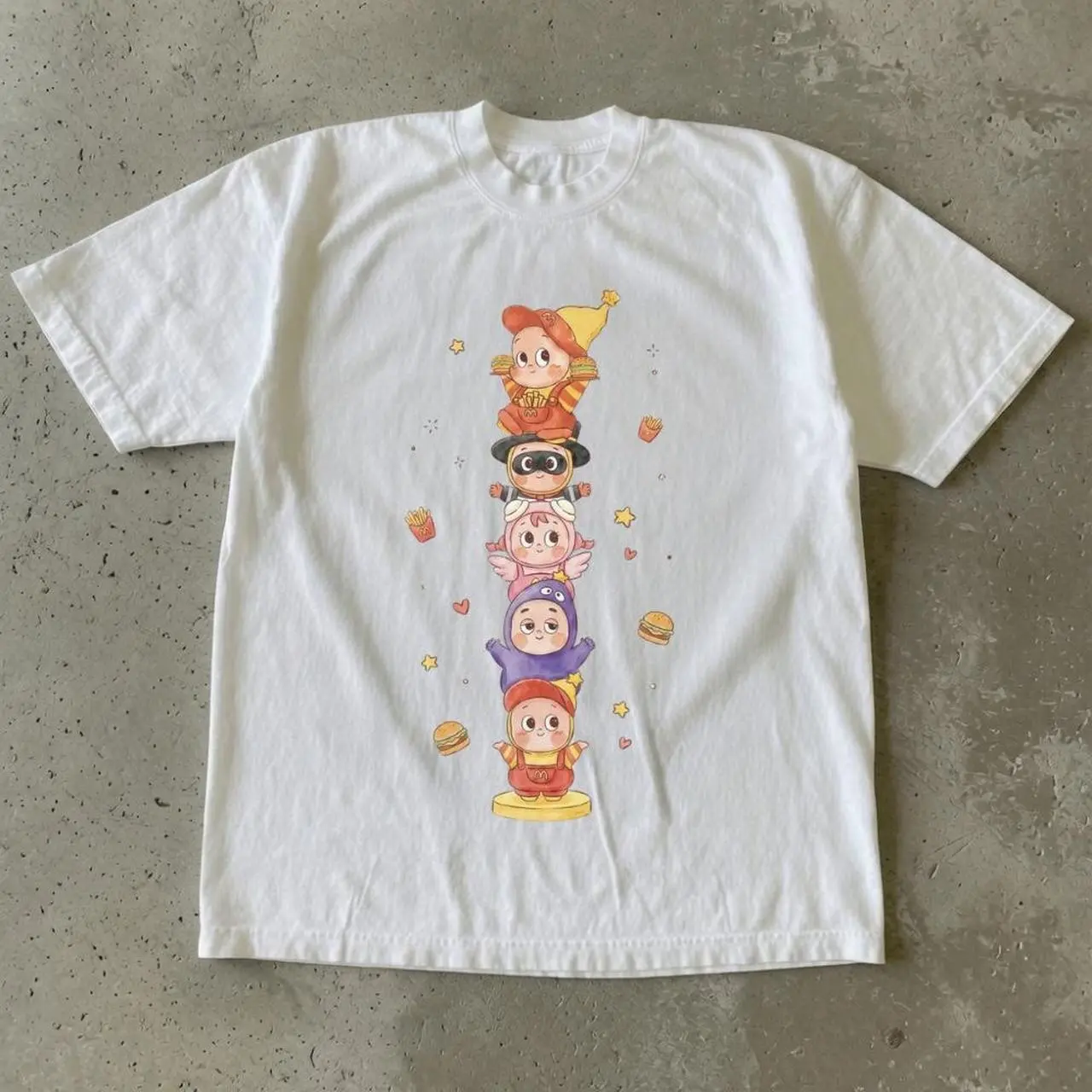 Cute Chibi Fast Food Stack Graphic T-shirt | Kawaii Cartoon Anime Style Tee, Pastel Aesthetic, Unisex Graphic Shirt, Harajuku Streetwear, Cute Character Tee, Gift for Women Men, Casual Summer Top