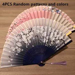 4pcs Traditional Chinese Hand Fans, Vintage Folding Fan, Classical Hanfu Dance Accessories, Party Performance Fan, Summer Bamboo Handle Fan, Flower Design
