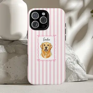 Personalized Pet Portrait Striped Tough Phone Case Iphone 13 14 15 16 17 Pro Max, Custom Dog Accessories Cat Mama, Iphone Cell Cover Girlcore