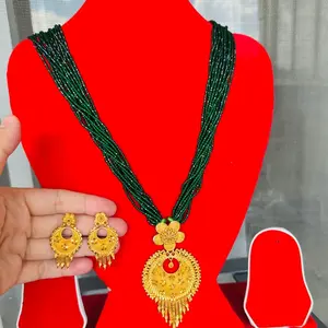 Gold Plated green Long hydro potey Necklace with Matching Earrings Elegant Jewelry Set for Nepali traditional outfits.
