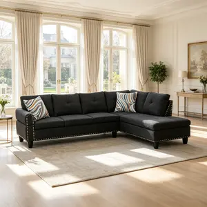 Black Grey Linen 2-Piece Living Room Sofa Set, 2-piece sofa sets with Breathable Anti-Pilling Linen Fabric, Soft Matte Texture, High-Density Rebound Cushions, Sturdy Frame for Family Daily Relaxation, Friend Gatherings