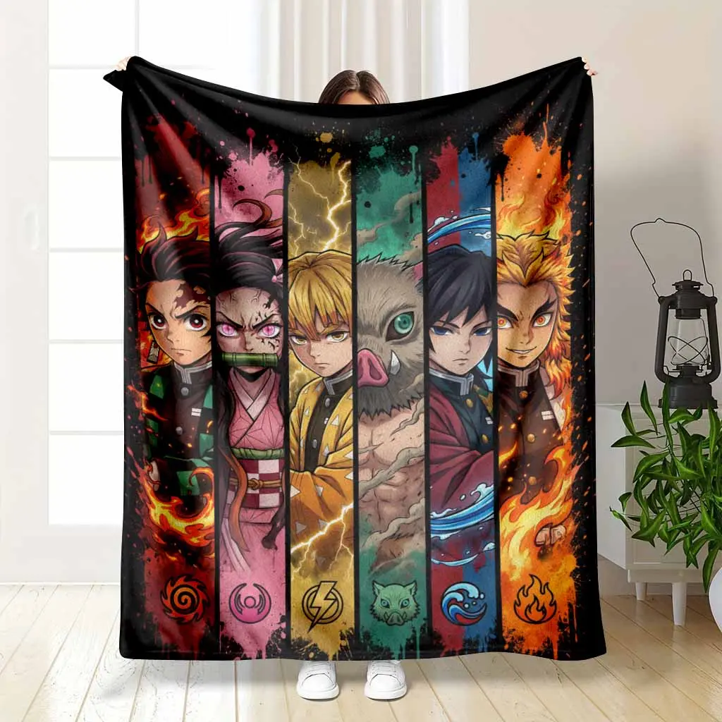 Anime Heroes Flannel Blanket with Elemental Prints (Fire, Water, Thunder Beast, Floral Swordsman), Soft Warm Lightweight Plush Throw for Living Room, Sofa, Bed, Dorm Movie Nights Gift, Flannel Fabric