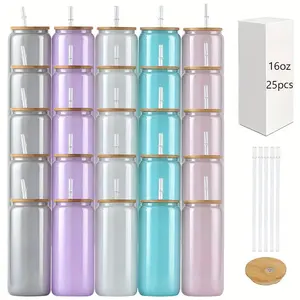 25pcs, 16oz Sublimation Glitter Glass Mixed Colors Dazzling Shimmer Glass Tumbler Colored High Quality Borosilicate Craftsmanship Straw, Insulation Glass Cans, Ideal for Beverages and Festive Gifts