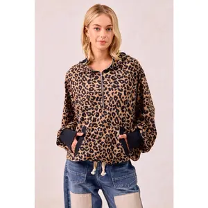 BiBi Leopard Print Waffle Half Zip Up Hoodie W Pocket
