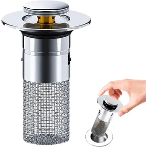 Sink Drain Strainer, Pop Up Bathroom Sink Stopper Stainless Steel Floor Drain Filter with Basket Hair Catcher