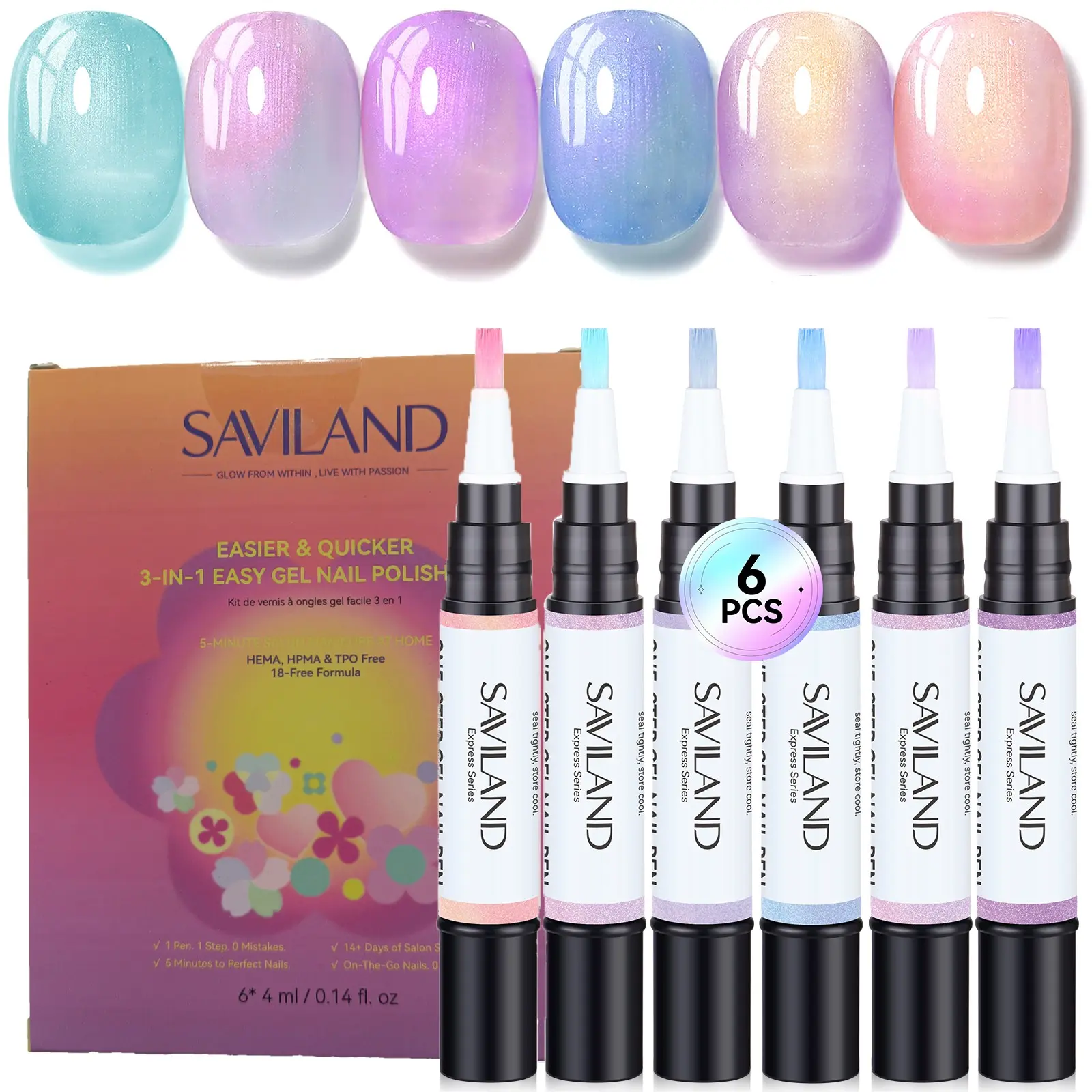 Saviland Aurora Gel Nail Polish Pen Set, Gel Polishes, UV LED Gel, Gel Nail Art, Diy Manicure, 3-In-1 Base Coat & Top Coat, Gel Topcoat, Pearl & Blue Shades, Travel Size 4ML, UV Lamp Required