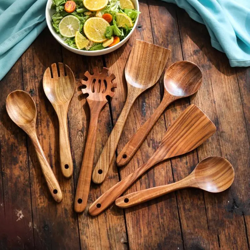 10-Piece Solid Teak Wooden Cooking Utensil Set - Chemical-Free, Moisture-Resist, Scratch-Free Cookware-Safe, Heat-Resistant Kitchen Tools with Rounded Edges, Unique Grain, Spatula, Stirring Spoon for Household Use