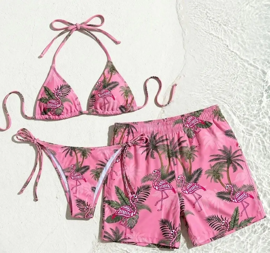Matching Couple Flamingo Bikini and Trunks, Tropical Palm Beachwear Set, Couple Gift
