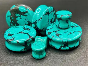 Natural Marbled Turquoise Howlite Plugs - Vibrant Veined Turquoise Blue and Black Polished Gauges, Tranquility-Boosting Natural Crystal Earrings (Pair)
