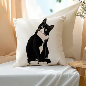 1pc  Realistic Black Cat Painting Peach Skin Velvet Pillow Cover for Car, Living Room, Sofa, Bedroom, Headboard, Home Decor, Single-Sided Print Without Insert