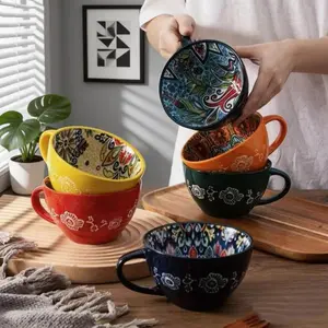 Boho Chic Floral Print Ceramic Coffee Mug, Large Wide Mouth Mug for Coffee Tea Milk Cereal, Durable Ceramic Breakfast Cup, Perfect Home Kitchen Drinkware & Gift Choice