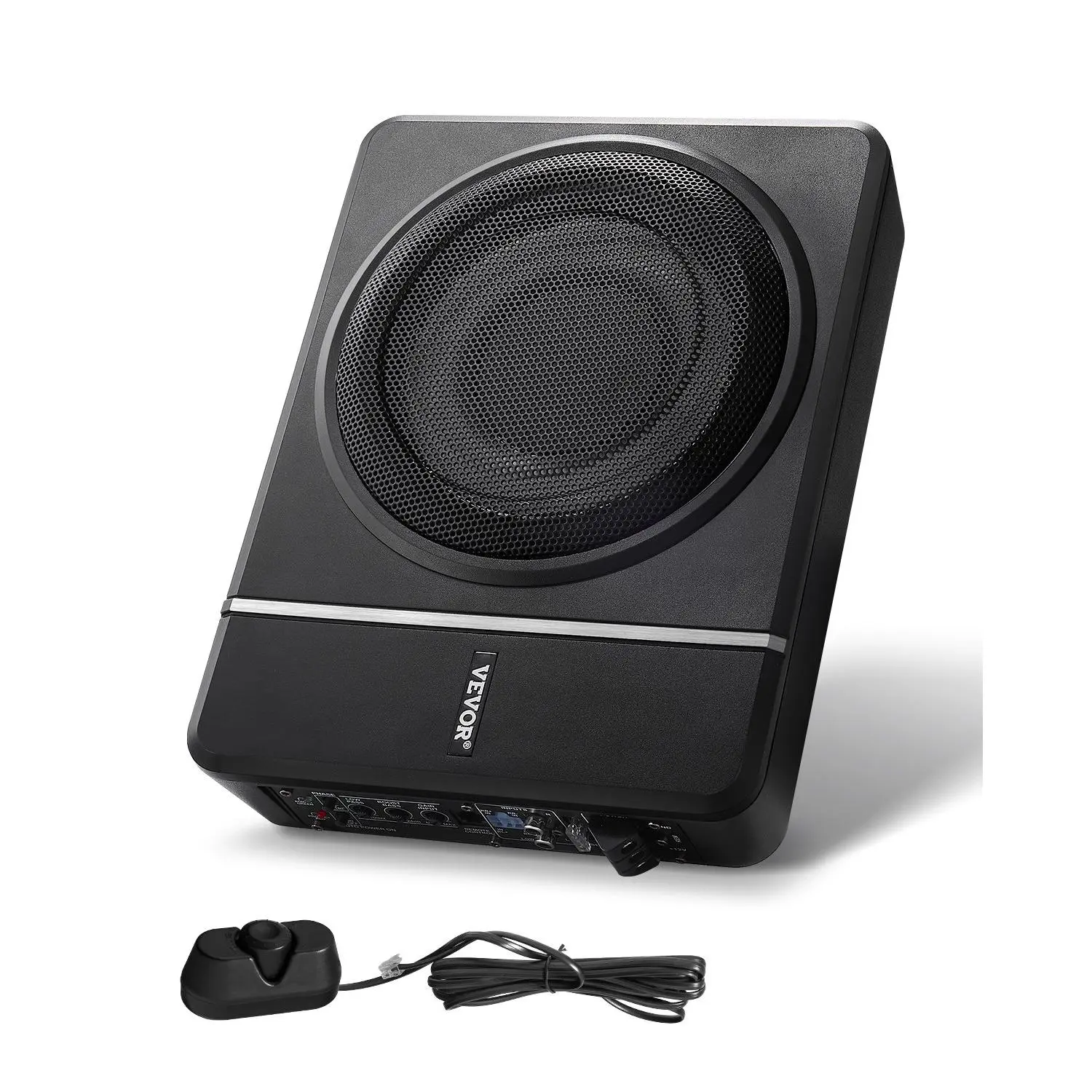 【Summerfinds】VEOVR 8 in Wired Subwoofer - 240W Low Profile Underseat Car Subwoofer with Aluminum Shell, Built-in Amplifier, Slim Design, High-Low Level Inputs, Volume Controller, 12.7 x 9.3 x 3.1 in Powerful Bass for Cars/Trucks/SUVs, 8 Inch Subwoofer