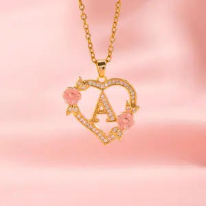 Women's Vintage Jewelry Initial Necklace - Flower-Heart Design, Fall Rhinestone Charm, Ideal Gift for Girlfriend, Suitable for Daily & Party Wear