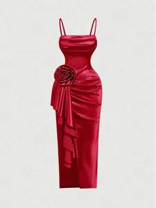 Dreamy 3D Floral High-Slit Satin Dress With Draped Neckline And Ruffle Details