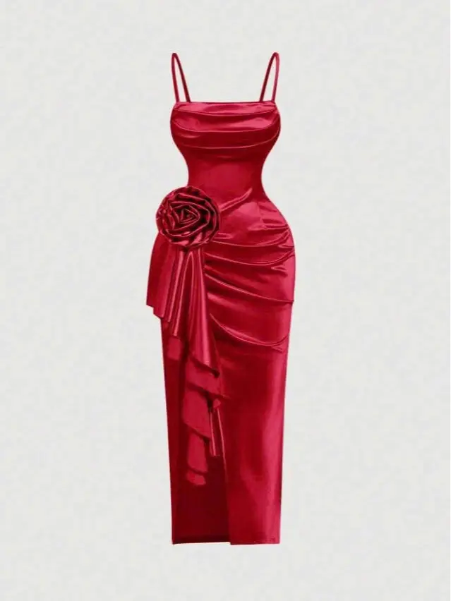 Dreamy 3D Floral High-Slit Satin Dress With Draped Neckline And Ruffle Details