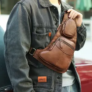 British Style Gentleman Retro Genuine Leather Men's Crescent Chest Bag Top Layer Cowhide Saddle Bag Crossbody Bag Outdoor Casual Backpack