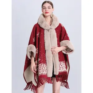 Women's Christmas Themed Shawl, Casual Warm Fringe Trim Design Poncho Cape Shawl for Fall & Winter, Fashion Accessories for Women & Girls