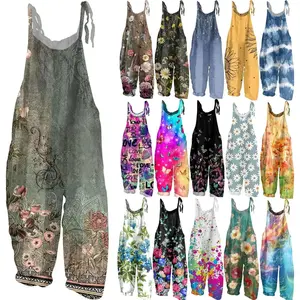Summer Plus Size Floral Boho Bib Cotton Linen Overalls for Women 2025 Hippie Jumpsuits Print Spaghetti Strap Rompers