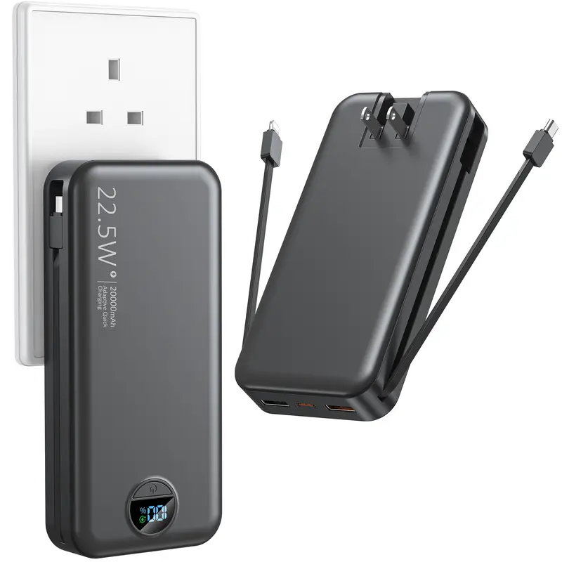 Citicr AC-02DP Black 20000mAh Chargeable Mobile Battery Power Bank - Built-in Cables & AC Wall Plug, PD20W Fast Charging+QC4.0, 5 Output LCD Display, USB-C Phone Accessories, Travel Gadgets for iPhone15/14, Samsung Smartphones