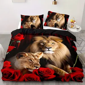 3-Piece Bedding Set with Lion Print Design, Soft Comfortable Fabric, Zipper Closure, Perfect for Bedroom Hotel Gift