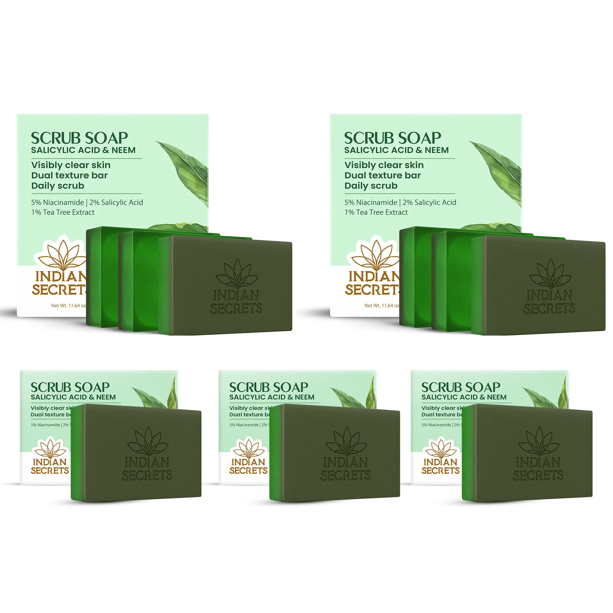 Indian Secrets Salicylic Acid Neem Scrub Soap for Face & Body | Exfoliating Bar Soap, Tea Tree & Niacinamide | Suitable for Pore Cleansing, Oily & Acne-Prone Skin - (9 Units Bundle x 110g/3.88oz)