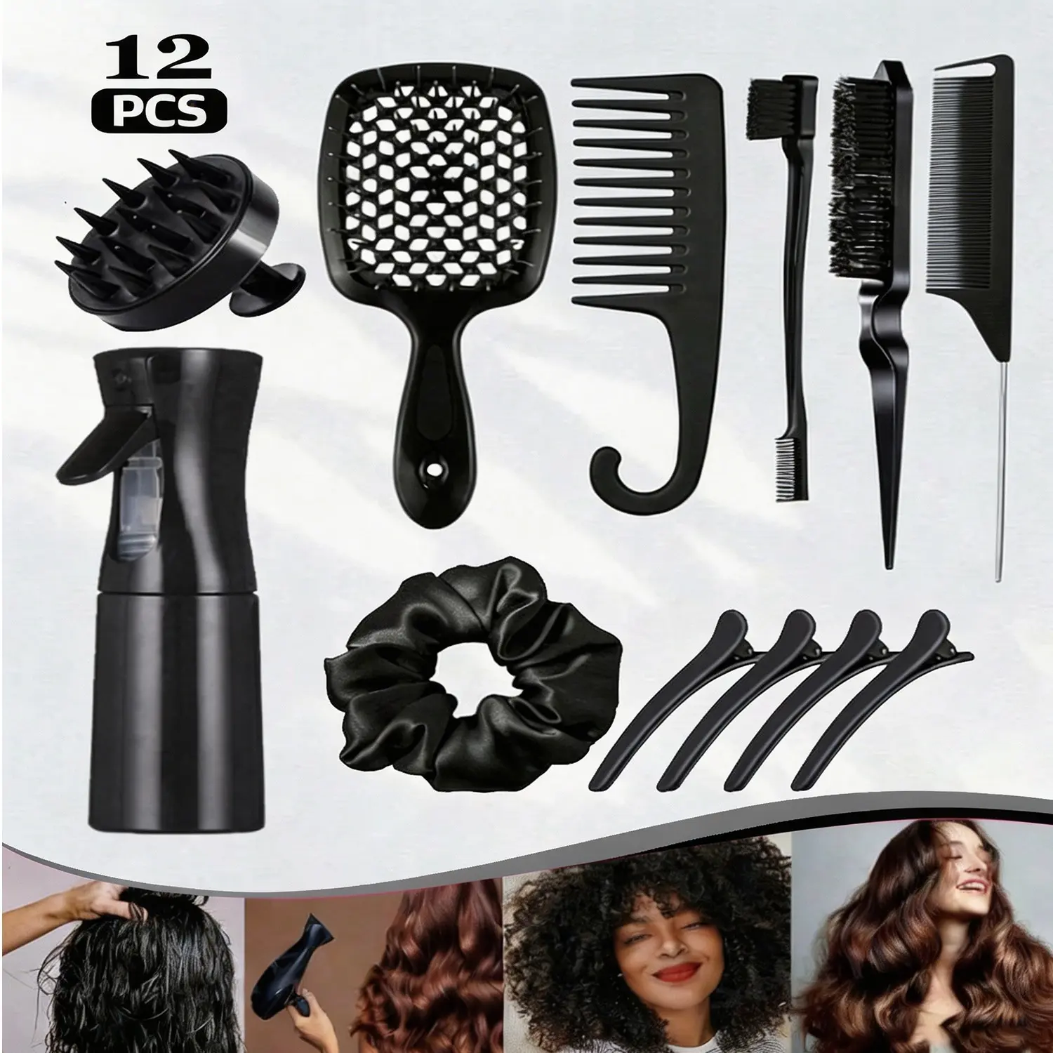 12 Pcs Hair Brush Set with Hair Spray Bottle, Detangling Brush for Wet Dry Curly Hair, including hair comb set, side comb, back comb, straightening comb, scalp massage comb, wide tooth comb, rat tail comb, etc., Hair Styling Tools, Hair Styling Equipment