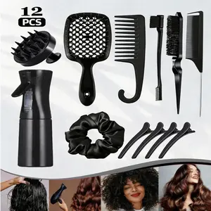 12 Pcs Hair Brush Set with Hair Spray Bottle , Detangling Brush for Wet Dry Curly Hair, including hair comb set, side comb, back comb, straightening comb, scalp massage comb, air cushion hair comb, wide-tooth comb, etc. Hair Styling Tools