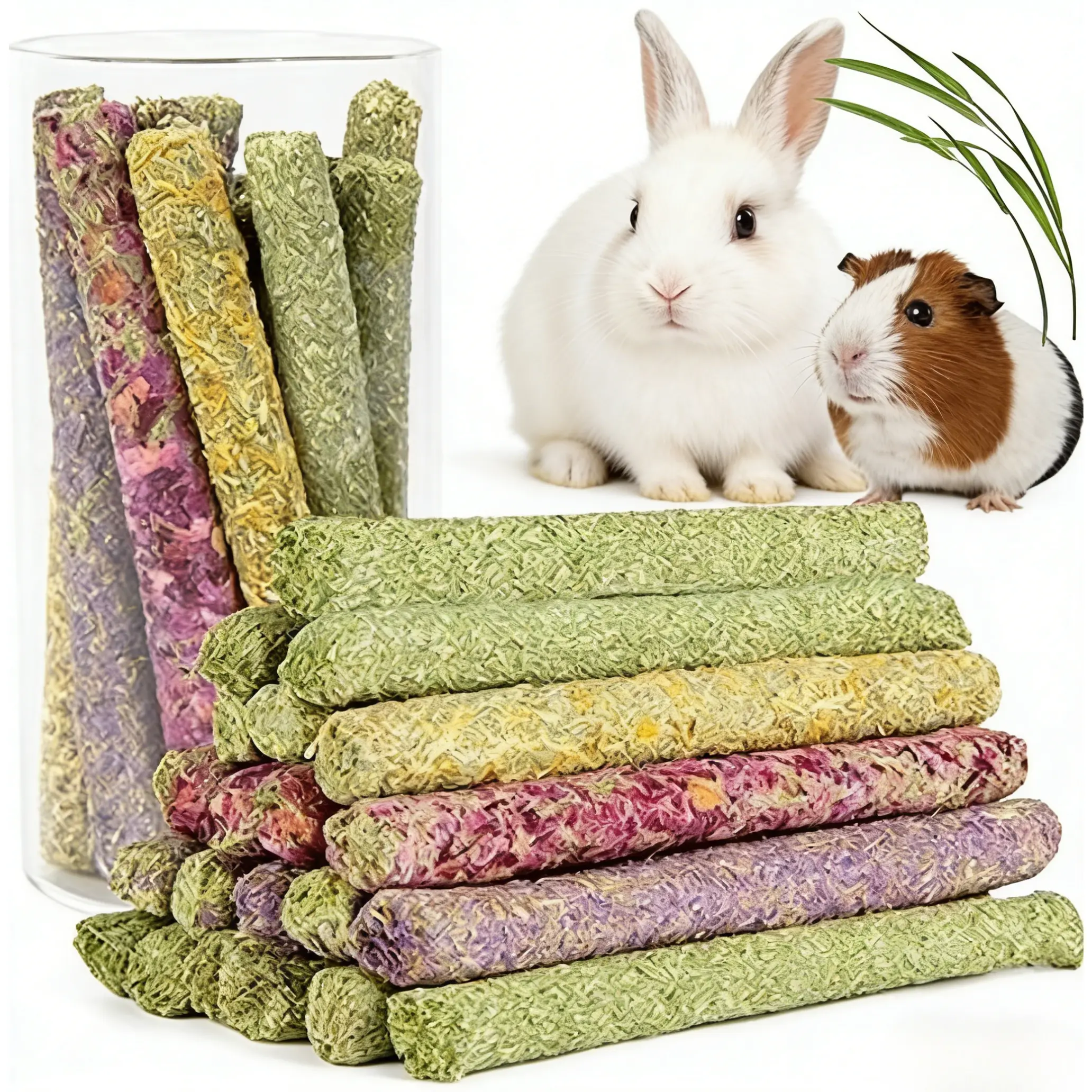 33 Cylindrical Natural Molar Chew Sticks for Small Pets - High in Fiber, Natural Fibers, Mixed Timothy Hay, Rose, Dahlberg Daisy, Forget-me-not - Dental Health Treats for Bunnies, Healthy Teeth Care Gift Idea