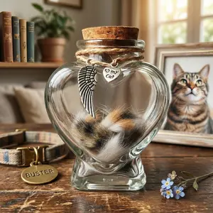 Cat Hair Keepsake Jar, Heart Shaped Glass Bottle with Angel Wing for Pet Fur Memorial, Personalized Cat Loss Sympathy Gift & Remembrance Decor