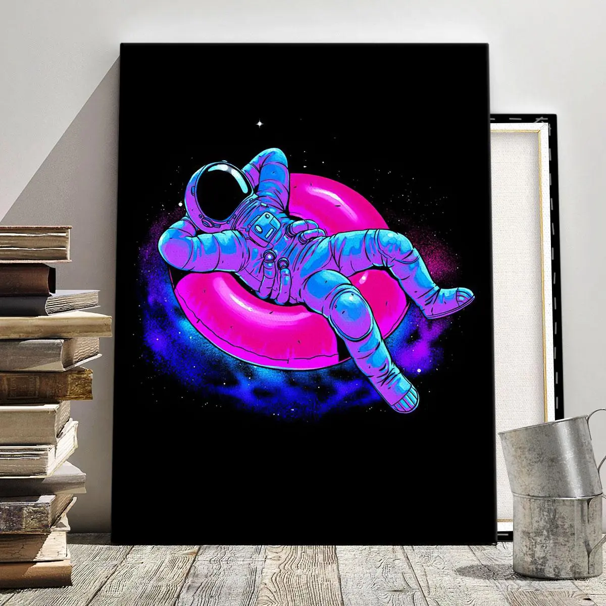 Astronaut Pattern Space Theme Design Canvas Painting with Wood Frame, Modern Cool Design Cartoon Wooden Wall Art Print Poster, Wall Decor for Home Living Room Bedroom Office Decoration Items