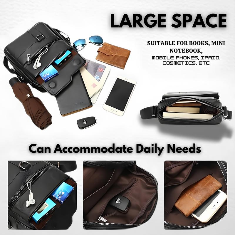 Men's Lightweight PU Leather Crossbody Bag - Stylish Compact Adjustable Strap 3 Spacious Pockets for Travel & Daily Use Black