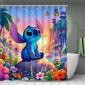 DISNEY CLASSIC Stitch Shower Curtain, Waterproof Polyester with 12 Hooks, Tropical Scenery and Butterfly - themed Bathroom Decor for Stitch Fans