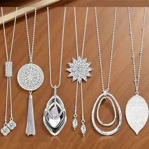 6 Pack Long Pendant Necklaces Sweater Necklace Silver Flower Tassel Sweater Chain Beauty & Personal Care