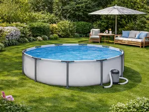 Above Ground Round Frame Pool Set with Filter Pump – Durable Metal Frame Outdoor Swimming Pool, Easy Setup Backyard Pool with Cartridge Filtration System