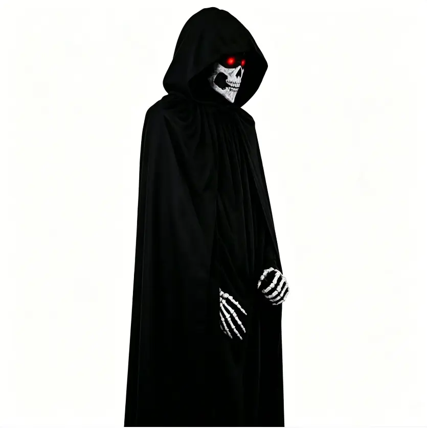 Grim Reaper Costume Set for Adults -Black Hooded Cloak Robe, Skull Face Mask, Skeleton Gloves & Detachable Scythe - Spooky Halloween Cosplay Outfit for Men & Women, Fancy Dress Party Prop Kit